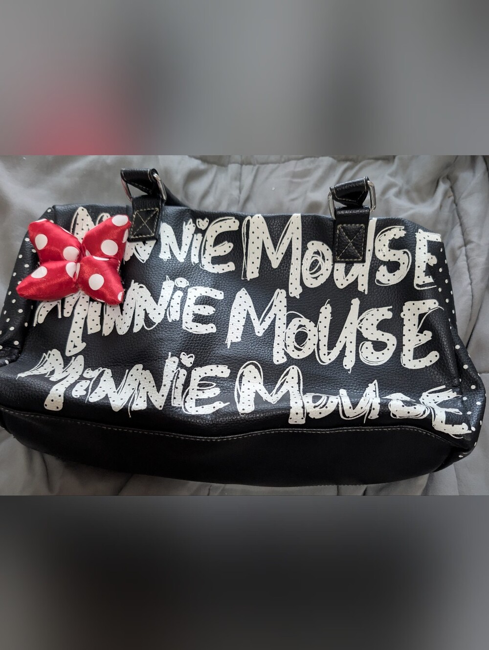 DISNEY PARKS Black Minnie Mouse Script Tote 9"/12"/4" Red Polka Dot Bow NICE